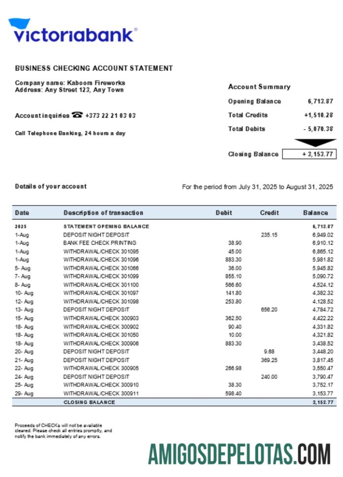 Realista Victoriabank Firm modelo de extrato de conta Word e PDF (1)